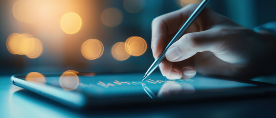 Fototapete - close up shot of hand holding pen, writing on tablet screen with blurred background of warm lights, creating modern and creative atmosphere