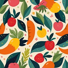 Poster - Cheerful seamless pattern of colorful fruits, vegetables, leaves. Modern background with carrots, apples, mangoes, lemons, strawberries. Decorative design for textiles, fabrics, prints, wallpaper,