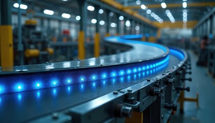 Fototapete - Illuminated conveyor belt in modern industrial setting. Automated system with blue lights, modern technology for manufacturing. Innovation, industry, engineering, manufacturing, predictive