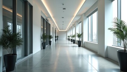 Poster - Perspective view of bright office corridor with potted plants, windows. Modern interior with glossy floor, lamps on ceiling. Empty hall in business building, co-working or shopping center.
