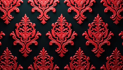 Poster - Red seamless Victorian damask pattern on black background. Elegant floral endless design, classic style. Ornate vintage repeat wallpaper, fabric, decoration material, wrapping paper for gift shop.
