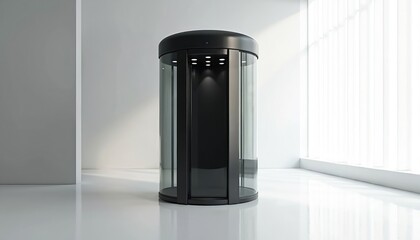 Poster - Modern cylindrical glass elevator in minimalist interior. Futuristic design of vertical transportation cabin with contemporary engineering, style. Black lift capsule with transparent walls, round
