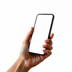 Poster - Woman holds smartphone with empty screen. Isolated device held in female hand. White background. Cellphone mockup template. Touchscreen display. Blank screen to present your app, service or product.