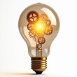 © miss irine - Glowing light bulb with intricate golden gears inside, creativity. Fusion of tech, art, mechanical engineering, electrical invention. Science, discovery, inspiration, dynamic progress, synergy.