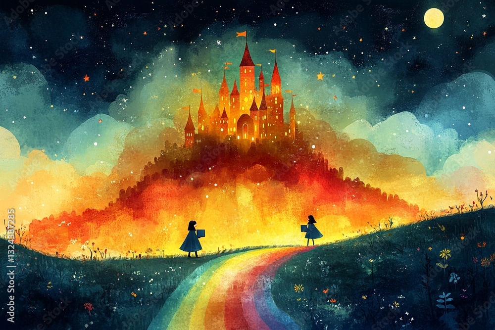 Enchanting journey towards a magical castle under the starry night sky ...