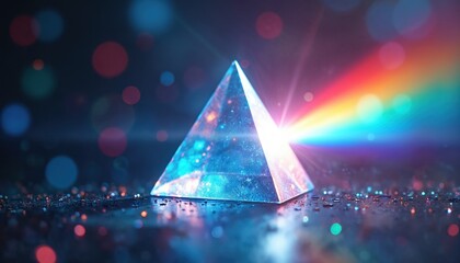 Aufkleber - Prism refracts light into rainbow spectrum against bokeh background. Blue glow crystal, light beam crossing creates lens flare effects for overlay or motion graphic design projects.