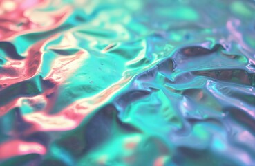 Poster - Abstract holographic texture in 80s, 90s style. Modern pastel color palette includes green, blue, mint, pink, turquoise. Metallic psychedelic holographic foil texture. Vaporwave retro futurism,