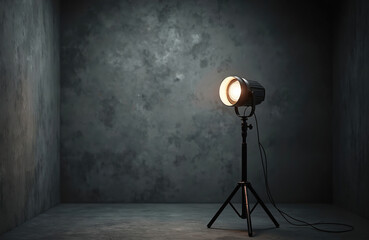 Aufkleber - Photo of studio spotlight setup illuminating dark room. Lamp stands on tripod projecting strong light on grey textured wall. Minimalist modern interior great for creative product presentation mockup.