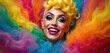 © miss irine - Close-up portrait of smiling drag queen with bright makeup and yellow wig. Person with rainbow hair, feminine facial features, white teeth. Extravagant colorful LGBT pride cheerful glamour image.
