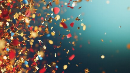 Poster - Bright and lively confetti celebration with scattered colorful pieces in festive atmosphere perfect for cheerful events or announcements