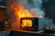 © miss irine - Microwave oven burns in smoke and flames. Cooking disaster in kitchen with fire inside. Danger of burning food, electrical short circuit, explosion and damage to appliances. Insurance case.