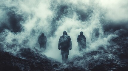 Wall Mural - dark silhouetted figures stand amidst swirling black smoke, symbolizing mental overload and burnout,