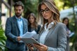 © Georgii - Businesswoman holding a tablet outdoors with colleagues in professional attire
