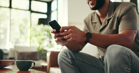 Aufkleber - Relax, phone and typing with hands of man on sofa for social media, streaming or online update. Networking app, conversation and post with closeup of person in living room at home for chat and mobile