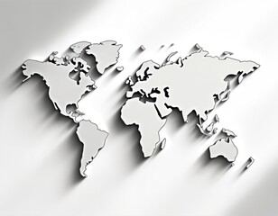 Fototapete - Illustration of white world map with shadow on light background. Continents shape. Concept for global business, travel, geography, cartography. Atlas design for web, technology, connection, network,