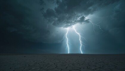 Wall Mural - huge thunderstorm hits at night with big lightning strikes. rain, clouds covering land. energetic li