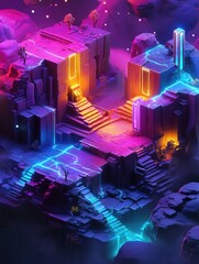 Aufkleber - Dynamic isometric gaming-inspired landscape features stylized terrain with colorful lighting effects at twilight