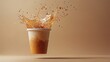 © Sang - A dynamic, eye-catching visual a disposable paper cup, coffee splashing, floats mid-air against a beige backdrop.