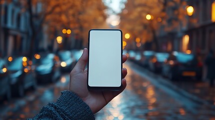 A hand holds a smartphone with a blank white screen, providing a mockup for app or website design, in a warm, blurred background.