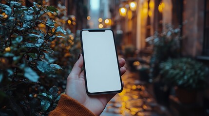 A hand holds a smartphone with a blank white screen, providing a mockup for app or website design, in a warm, blurred background.