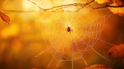 Wall Mural - Beautiful spider web in wild field with dew in morning in Spring.