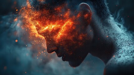 Wall Mural - a person experiences mental overload, symbolized by digital fragmentation, representing stress and c