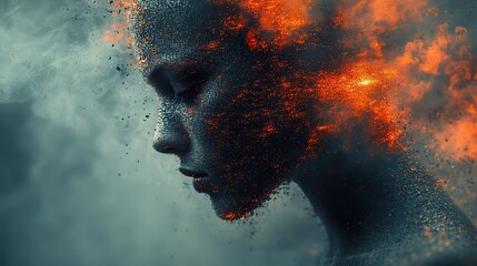 Wall Mural - a person experiences mental overload, symbolized by digital fragmentation, representing stress and c