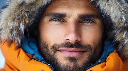 a man with a beard and blue eyes is wearing an orange coat. he is smiling. the coat is orange and ha