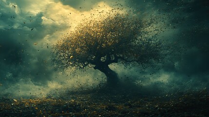 Wall Mural - a tree with swirling leaves symbolizes thought explosion, information overload, mental burnout and s