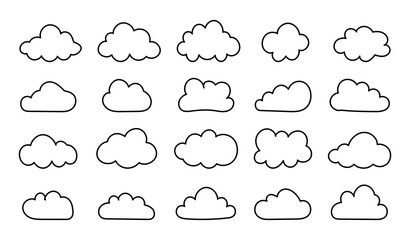 doodle fluffy clouds. flat outline clouds. puffy, cumulus clouds shapes. cloudy forms simple mockups