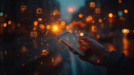 Wall Mural - a vibrant sunset backdrop shows a hand using a smartphone illuminated social media icons float above