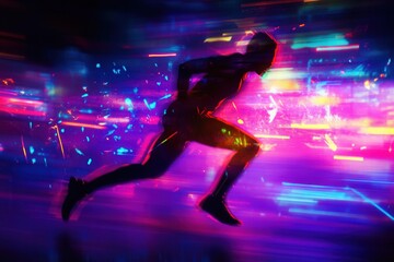 Aufkleber - Dynamic silhouette of a runner burst through electrifying neon colors in a cyberpunk setting filled with vibrant motion effects