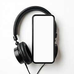 Poster - Smartphone mockup with blank white screen and black headphones isolated on white background. Template for music app, audio book, podcast promotion. Wireless headset with cellphone.
