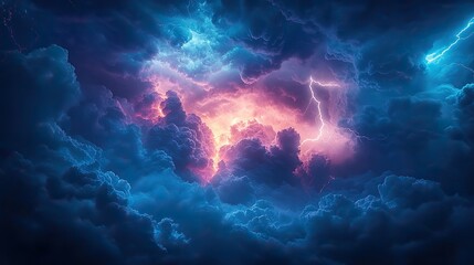 Wall Mural - bright lightning bolts illuminate dark, swirling storm clouds dominating the turbulent sky a powerfu