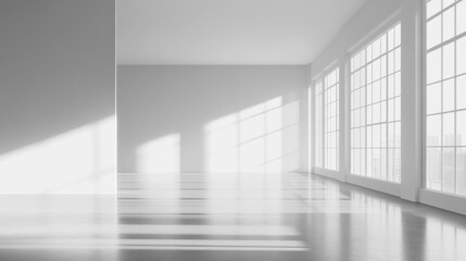  Empty spacious light exhibition or gallery hall with front view on blank white wall, glossy concrete floor, white ceiling and windows. 3D rendering, mockup
