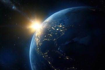 an artistic rendition of earth in space, illuminated by the sun with its night side casting shadows,