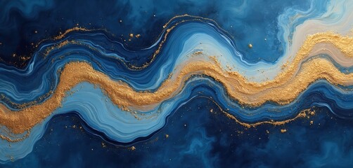 Leinwandbilder - Luxurious design wallpaper with liquid swirls in navy blue colors. Gold powder creates glittering effect. Oil paint marbling art background for invitation, card, banner, poster or creative cover.