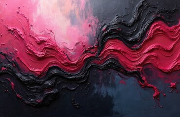 Poster - Textured abstract painting background with oil paint strokes in high quality details. Modern design with wave lines in dark grey, navy and vibrant pink color palette for decoration.