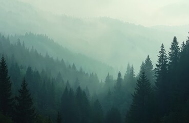 Naklejka na meble Misty mountain landscape with fog over green hills. Moody scenery with silhouette of forest trees. Natural mountain background for travel, nature and eco projects. Scenic calm woodland in morning.