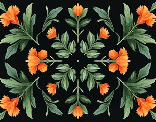Poster - Symmetrical seamless floral pattern. Green leaves, orange flowers on dark backdrop. Botanical design for textile, wallpaper, backgrounds. Nature inspired, vibrant color scheme. Repeatable motif with