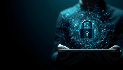 Digital network security concept with a blue futuristic light ball