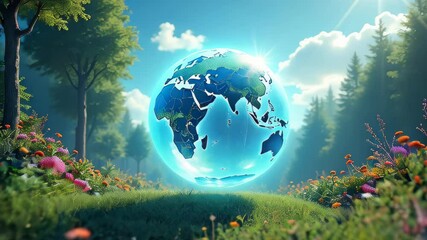 glowing digital outline of the earth floating above a lush green forest, blending technology and nat