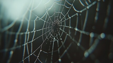 Dew-covered spiderweb, forest background, nature macro, website design