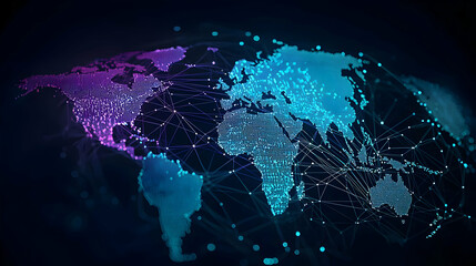 abstract digital world map with blue and purple pixelated data connections on dark background