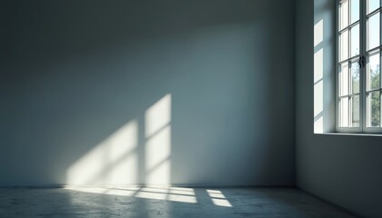Poster - Room interior with sunlight through window casting shadow on gray wall. Empty space in minimal style with daylight. Modern room design with copy space for text. Architecture and home decor concept.