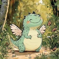 Aufkleber - Cute dinosaur with big eyes and a friendly smile

