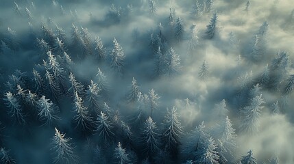 Aerial Winter Forest Scene Snow Fog