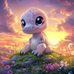 Aufkleber - Cute dinosaur with big eyes and a friendly smile

