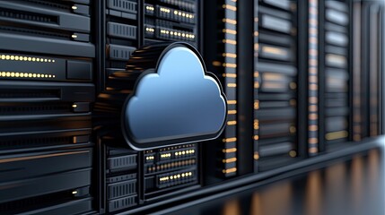 Wall Mural - digital illustration of cloud computing with glowing blue lights and a modern data center, symbolizi
