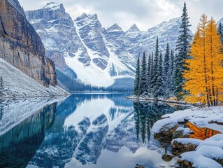 Wall Mural - lake landscape with snow-covered mountains